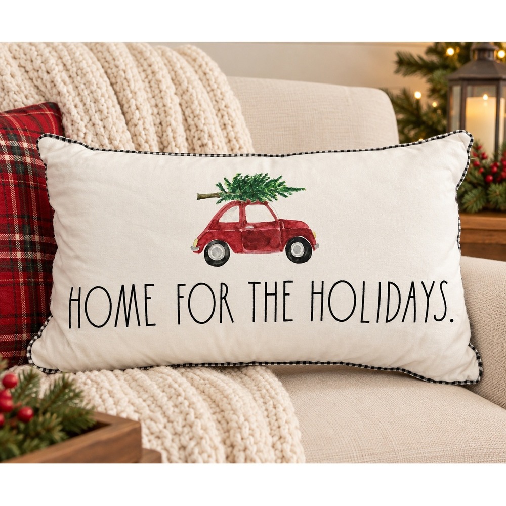 Rae Dunn Home for the Holidays Christmas Lumbar Pillow Red Car Gingham 22x13
